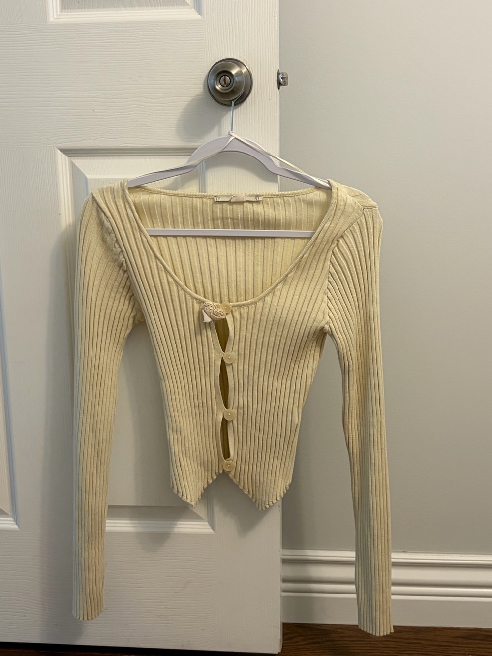 Kimchi Blue Cream Ribbed Long Sleeve Scoop Top with Front Tie